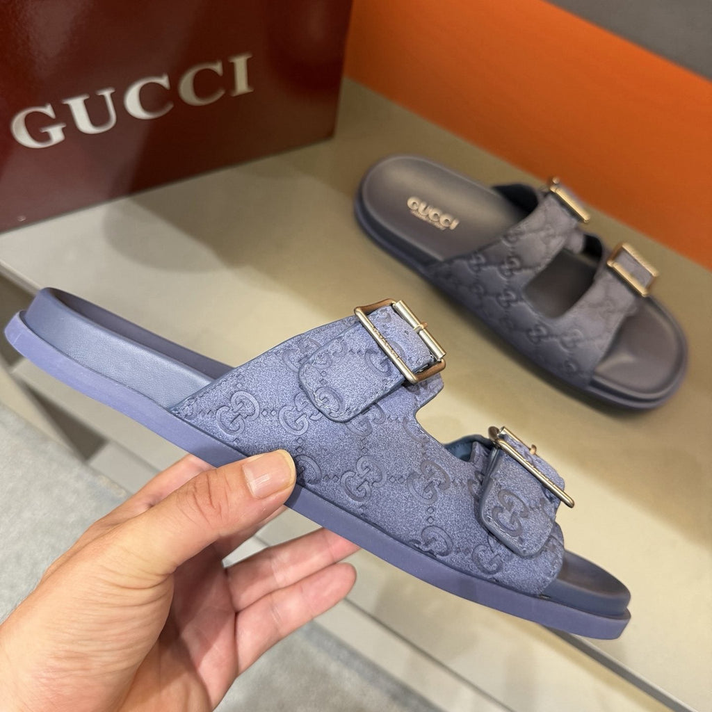 Gucci Two-Buckle Monogram Slide Sandals